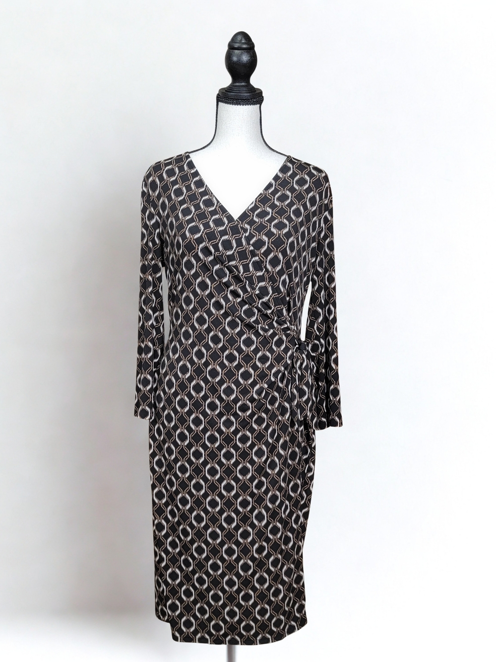 Evan Picone Faux Wrap Geometric Midi Dress Size 8 Career Chic Brown Print